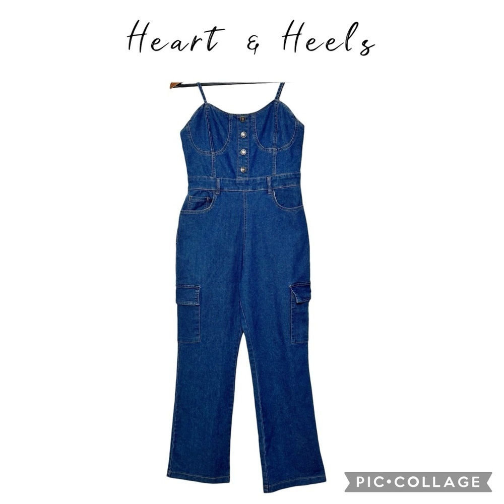 Heart & Heels Sweetheart neckline Bootcut cargo denim jumpsuit romper size L NWT